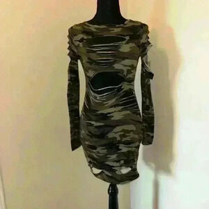SHEIN Green Camouflage Cut-Out Dress